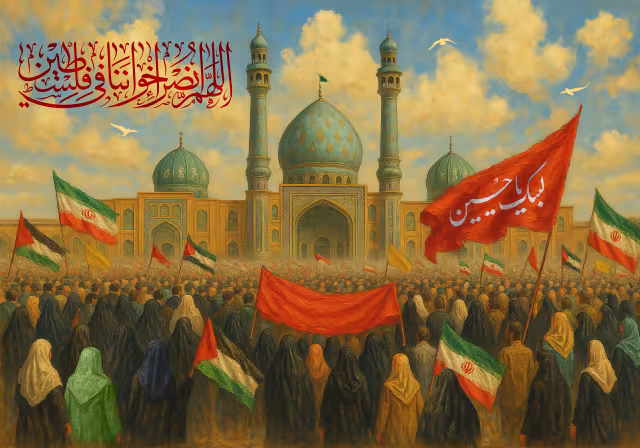 نقاشی مراسم استغاثه به حضرت صاحب الزمان (عج) برای رهایی مردم غزه | تصویر هنری باکیفیت