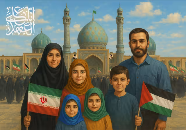 نقاشی مراسم استغاثه به حضرت صاحب الزمان (عج) برای رهایی مردم غزه - انا علی العهد | تصویر هنری باکیفیت